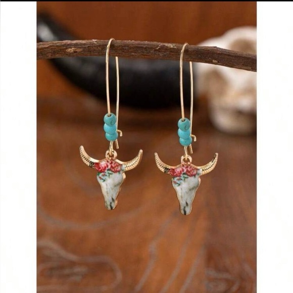 Jewelry - Western Cowgirl Style Blue Turquoise Beads and Floral Cow Head Dangle Earrings